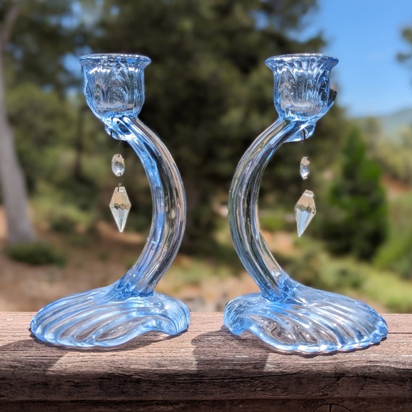 Pair Of Cambridge Glass Blue Caprice Candle Holders Art Deco Elegant Glass 7.5" - Picture 3 of 12